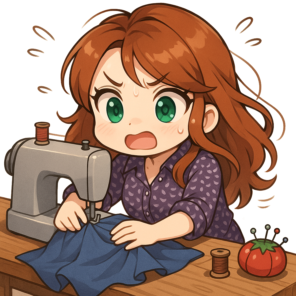 A cartoonized "chibi" version of Ashley, a redheaded woman, hard at work at a sewing machine.