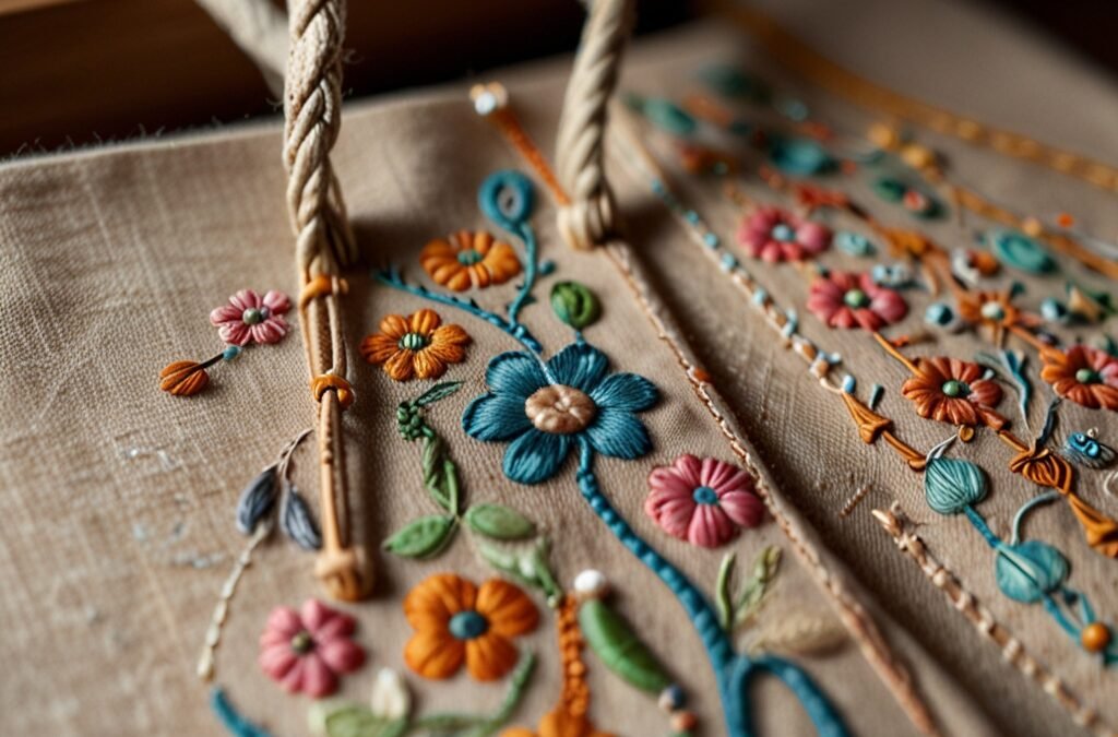 An elegant Art Nouveau style illustration featuring a handcrafted cotton tote bag adorned with intricate embroidery, appliqué, beads, and delicate fabric paints, surrounded by flowing organic lines and stylized floral motifs; soft earthy and pastel tones evoke natural fibers and gentle care, while subtle tools like a sewing needle, thread spool, and gentle brushes are woven into the ornamental frame; the composition suggests restoration and preservation through careful, artisanal methods, with light playing across the textured fabric and embellishments to highlight craftsmanship and longevity, ideal for a blog’s featured image on expert handmade bag care and repair.