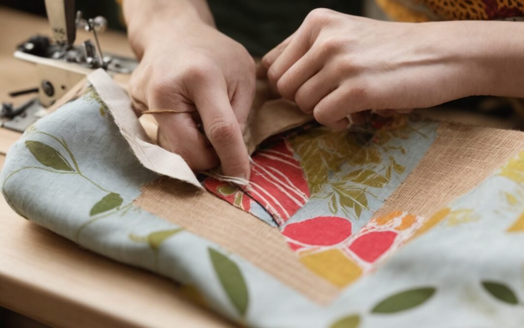 A close-up editorial photograph of a skilled artisan’s hands carefully sewing a limited-edition eco-friendly bag from rich, textured sustainable cotton fabric featuring vibrant seasonal prints with subtle nerd-culture motifs; the workspace is bathed in soft natural light highlighting scattered fabric offcuts, sewing patterns, and recycled brass hardware pieces arranged meticulously around a vintage sewing machine, evoking a zero-waste, small-batch production workflow that emphasizes craftsmanship, durability, and thoughtful material use, capturing the intimate, mindful process behind creating stylish, eco-conscious handmade accessories with a story of sustainability and limited availability.