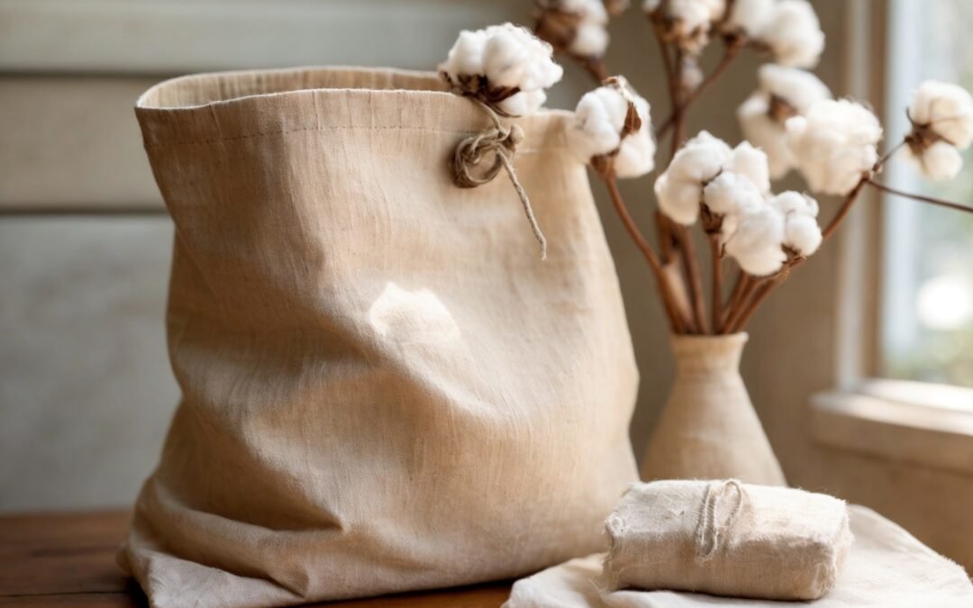 A close-up, warm-toned editorial photograph of a well-loved handmade cotton tote bag resting gently on a wooden table beside a small basin filled with cool water and mild soap, soft natural light highlighting the textured cotton fabric and delicate stitching; surrounding the bag are subtle tools of care—a folded microfiber cloth, a small brush, and a few fresh cotton blossoms—evoking thoughtful, sustainable maintenance rituals, while a serene home environment softly blurs in the background, capturing the essence of slow fashion, longevity, and mindful everyday care for treasured handmade accessories.