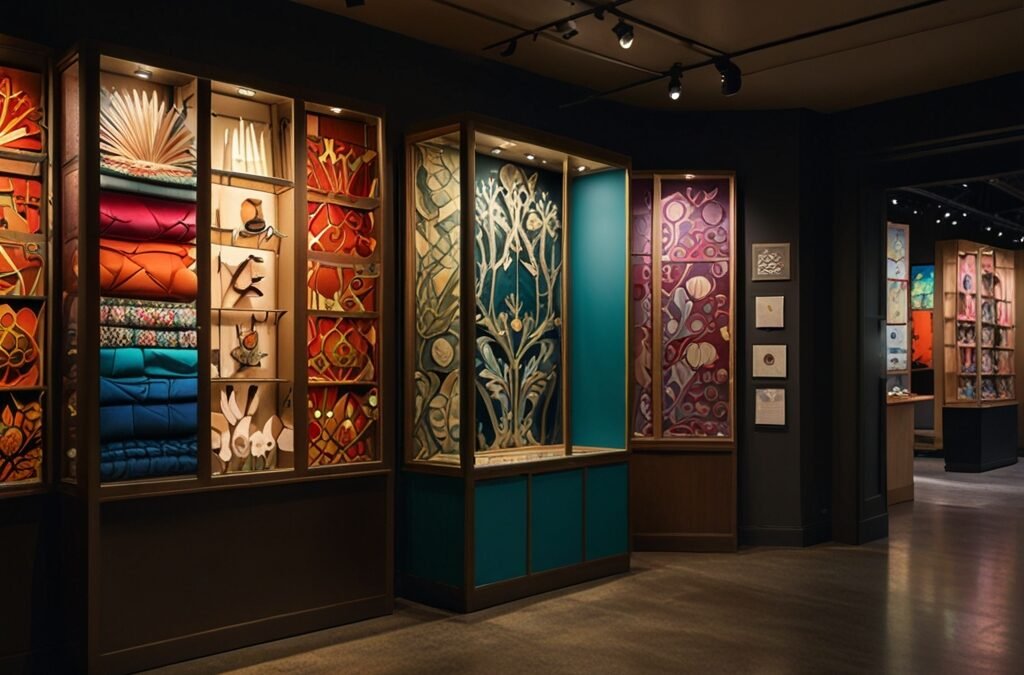 A richly detailed Art Nouveau style illustration depicting an elegant craft show booth radiating inviting warmth, featuring delicately curved organic lines and flowing floral motifs framing themed accessory displays like embroidered patches, enamel pins, and interchangeable bag straps arranged in harmonious triangular compositions; clusters of handcrafted bags with intricately patterned fabrics showcase custom stitching and embroidery samples alongside tactile swatches and small informational tokens, all bathed in soft, warm natural light that highlights textures and craftsmanship, creating a vibrant yet balanced scene that visually communicates niche-first merchandising, curated micro-worlds, and a seamless, engaging shopper experience, sized perfectly for a 1024x768 px blog feature image.