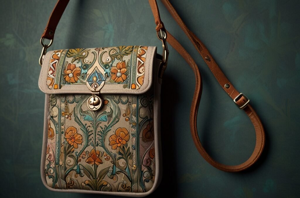 A richly detailed Art Nouveau style illustration showing an elegantly crafted cosplay crossbody bag made from textured cotton fabrics with visible fine stitching and modular detachable pouches, surrounded by flowing organic lines and stylized floral motifs in soft earthy tones and muted jewel colors; the bag features subtle embroidered fandom-inspired patterns and delicate appliqué accents, with integrated ergonomic straps and discreet metal hardware; the background suggests a whimsical convention scene with faint outlines of dynamic poses and cosplay accessories, all composed in a harmonious, decorative frame that combines vintage elegance with modern functional design, sized perfectly for a 1024x768 blog feature image.