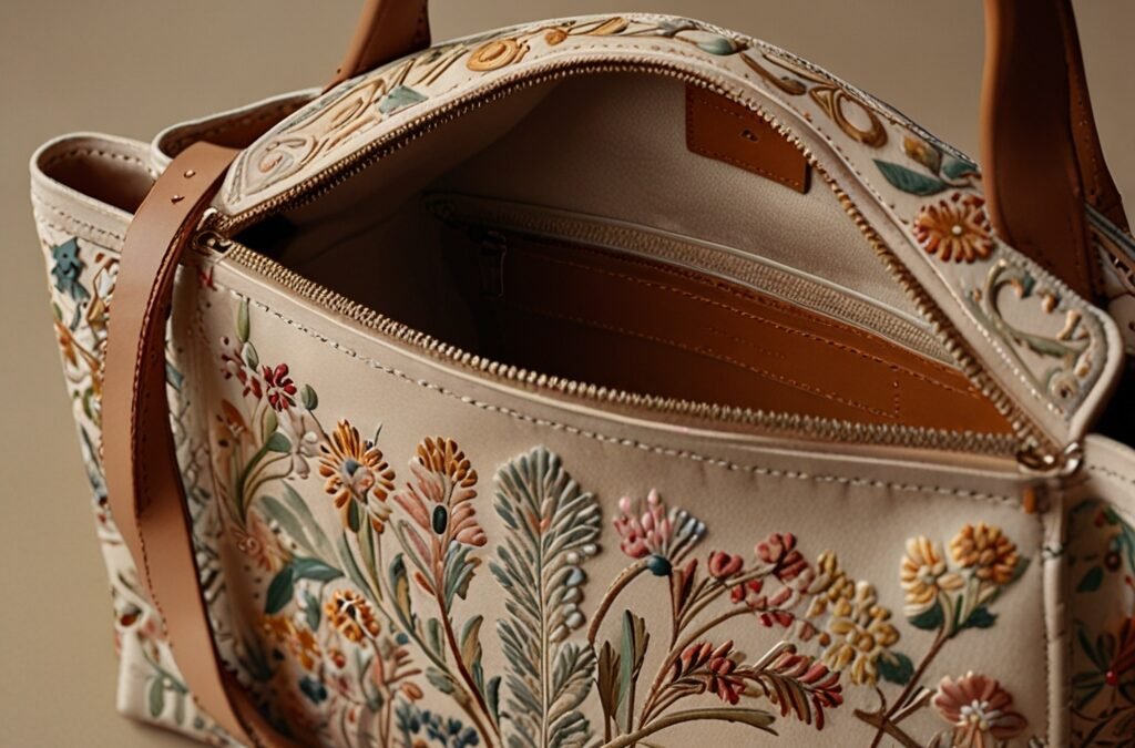 An elegant Art Nouveau-style illustration featuring a beautifully detailed, customizable everyday bag rendered with flowing organic lines and intricate floral motifs, showcasing various distinct pockets and compartments—slip pockets, gusseted expandables, zippered sections, and modular pouches—in soft, warm earth tones and muted pastels; the bag is open to reveal a harmonious, balanced interior layout designed for usability and style, accented by delicate embroidered patterns and subtle natural textures, set against a graceful, swirling botanical background with stylized curves and ornate decorative borders, evoking handcrafted quality, personal customization, and functional beauty without any logos or text.