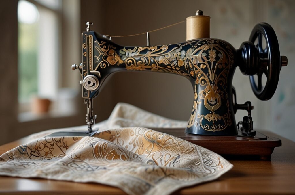 An elegant Art Nouveau-inspired graphic showcasing a serene, sunlit artisan’s workspace where delicate hands expertly guide fabric beneath a vintage sewing machine; swirling floral and natural motifs intertwine with stylized seams and threads that flow like intricate vines, symbolizing meticulous precision and durability, while softly glowing panels subtly highlight layered cotton fabrics, attentive cutting tools, and stitched seams forming a structured, timeless bag silhouette—balancing organic curves with geometric harmony—to visually embody craftsmanship, care, and the seamless blend of art and engineering in every handcrafted bag, ideal for a sophisticated blog feature image.